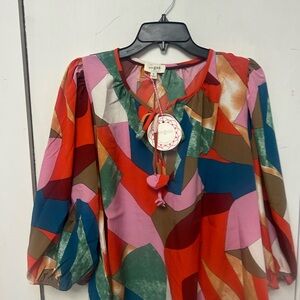 Umgee Multicolor Abstract Tie-Neck Blouse — NWT